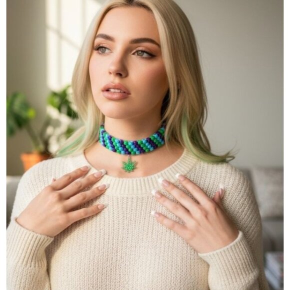 Beaded Choker – Higher Soul Green Leaf Pendant w/ Adjustable Chain – Festival - Picture 2 of 3